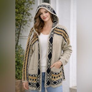 NWT Lucky Brand Hooded Aztec Cardigan Sweater in Beige, Black & Gold Size L